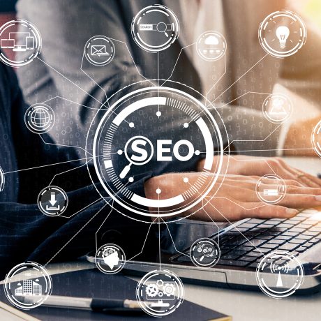 SEO - Search Engine Optimization for Online Marketing Concept. Modern graphic interface showing symbol of keyword research website promotion by optimize customer searching and analyze market strategy.